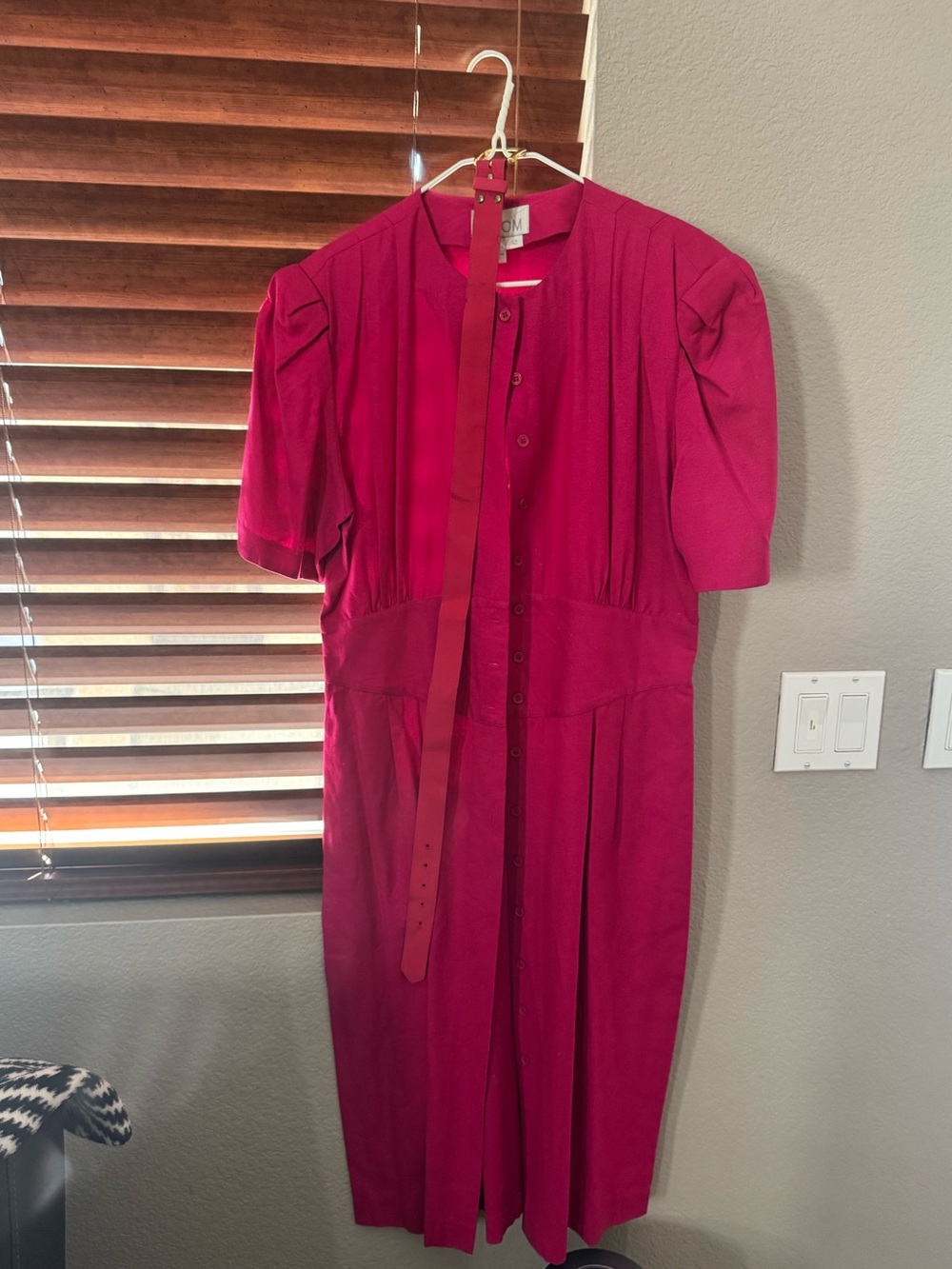 Button-Front Fuchsia Midi Dress with Belt, Raw silk, a steal